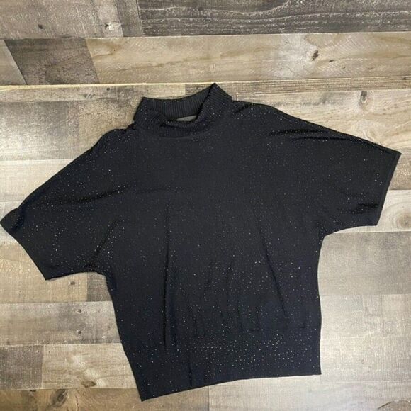 ST JOHN Black Sequin Shimmer Embellish Short Sleeve turtleneck 100% wool M - Picture 11 of 12